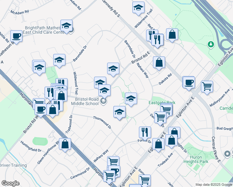 map of restaurants, bars, coffee shops, grocery stores, and more near 310 Bristol Road East in Mississauga