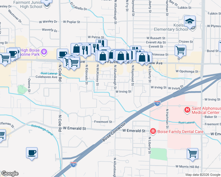 map of restaurants, bars, coffee shops, grocery stores, and more near 6845 Maxwell Lane in Boise