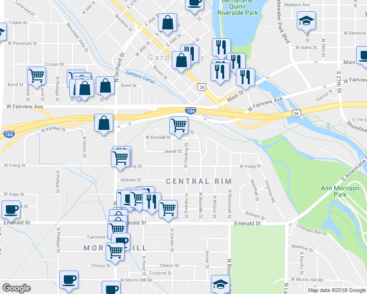 map of restaurants, bars, coffee shops, grocery stores, and more near 4554 West Kendall Street in Boise