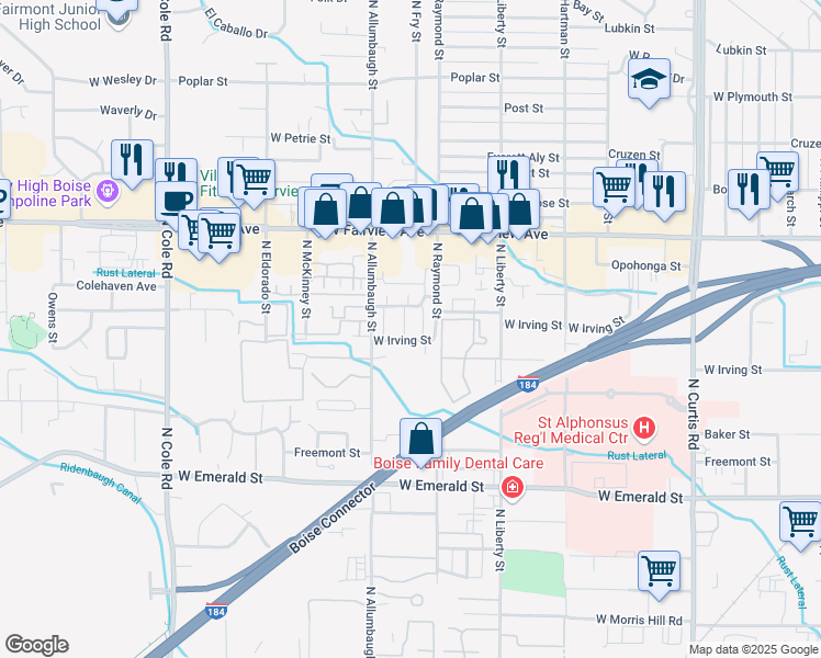 map of restaurants, bars, coffee shops, grocery stores, and more near 6703 West Colehaven Drive in Boise
