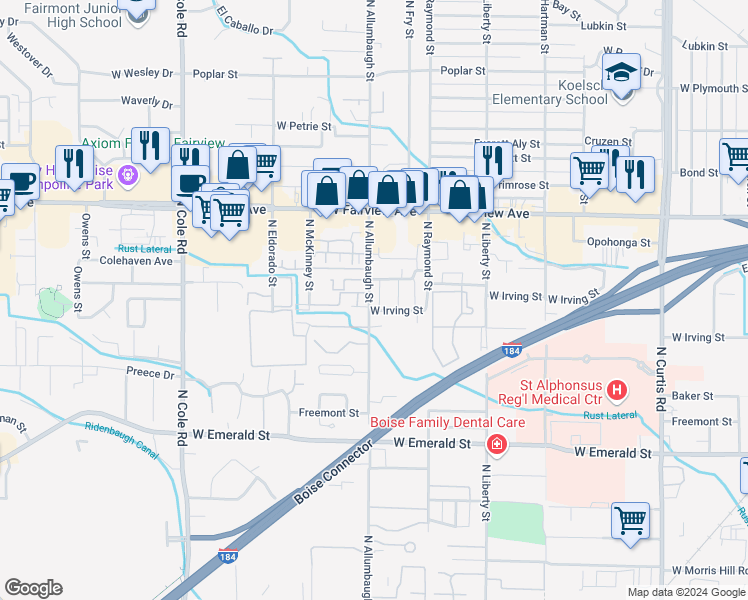 map of restaurants, bars, coffee shops, grocery stores, and more near 1317 North Allumbaugh Street in Boise