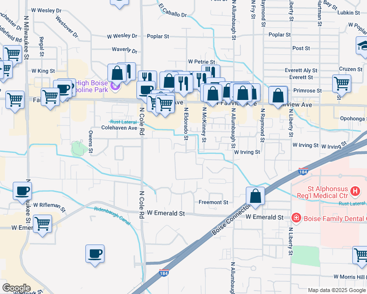 map of restaurants, bars, coffee shops, grocery stores, and more near 1327 North Eldorado Street in Boise