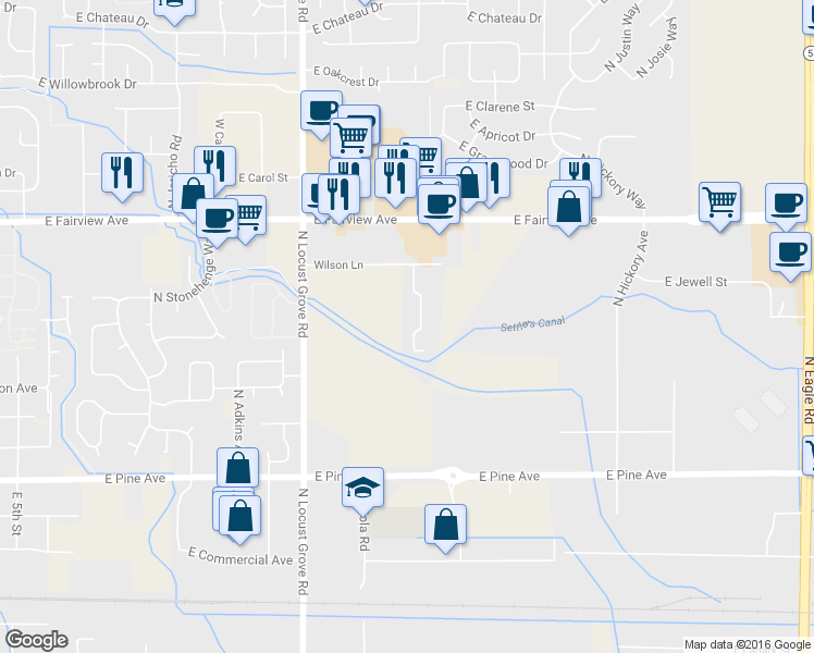 map of restaurants, bars, coffee shops, grocery stores, and more near 1931 East Wilson Lane in Meridian