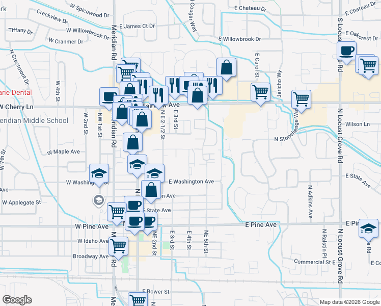 map of restaurants, bars, coffee shops, grocery stores, and more near 1425 North East 5th Avenue in Meridian