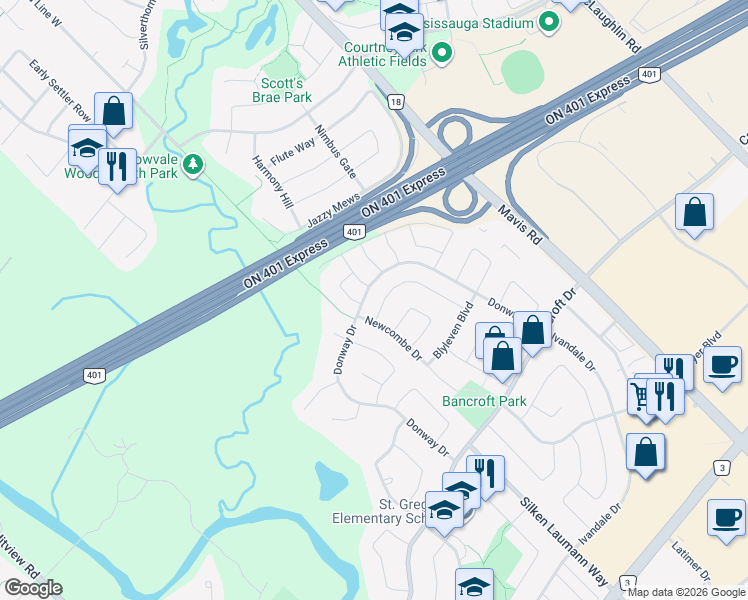 map of restaurants, bars, coffee shops, grocery stores, and more near in Mississauga