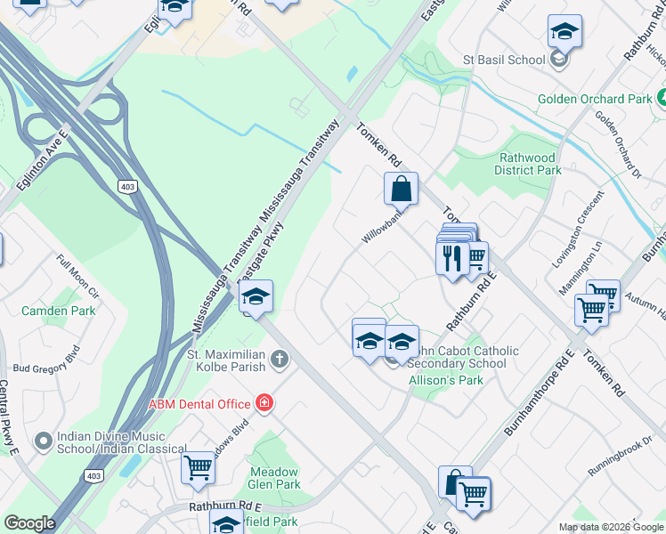 map of restaurants, bars, coffee shops, grocery stores, and more near 816 Willowbank Trail in Mississauga