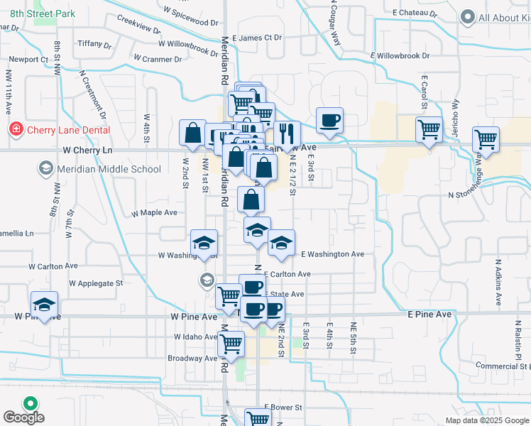 map of restaurants, bars, coffee shops, grocery stores, and more near 1412 North Main Street in Meridian