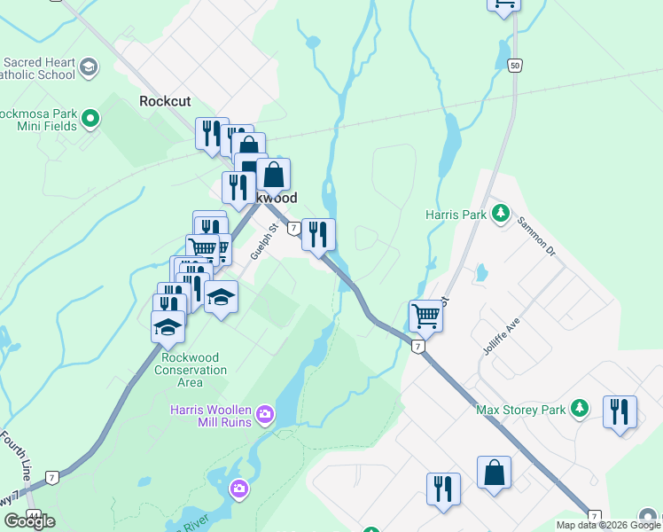 map of restaurants, bars, coffee shops, grocery stores, and more near 188 Main Street South in Wellington County
