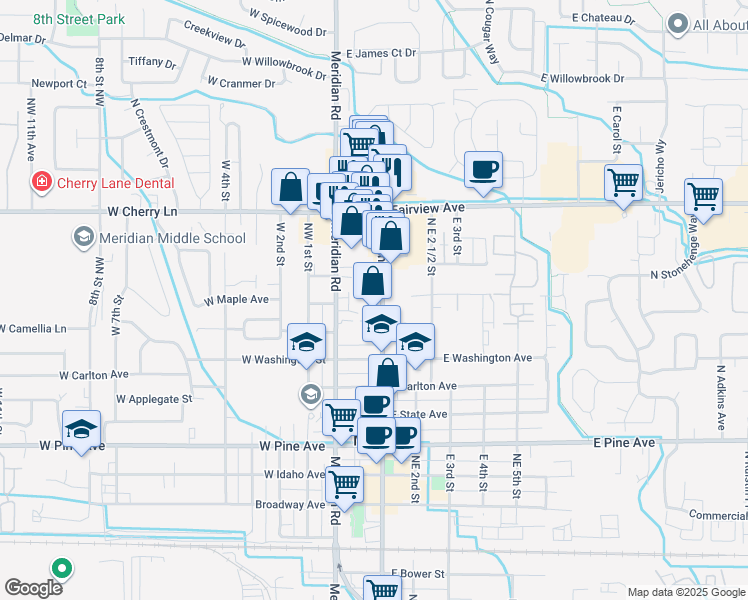 map of restaurants, bars, coffee shops, grocery stores, and more near 1423 North Main Street in Meridian