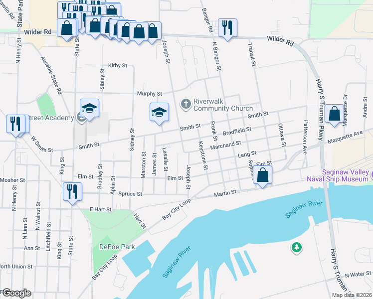 map of restaurants, bars, coffee shops, grocery stores, and more near 804 Bradfield Street in Bay City
