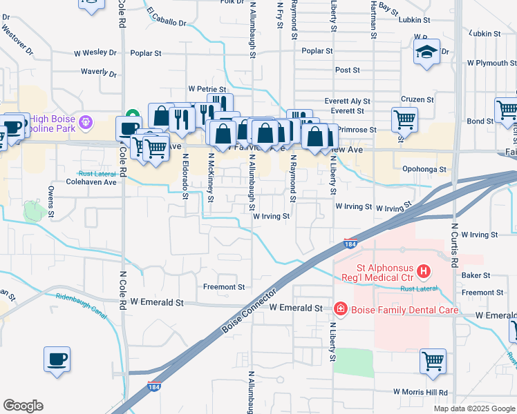 map of restaurants, bars, coffee shops, grocery stores, and more near 6747 West Colehaven Lane in Boise