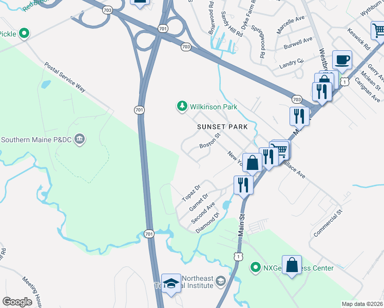 map of restaurants, bars, coffee shops, grocery stores, and more near 79 Boston Street in South Portland