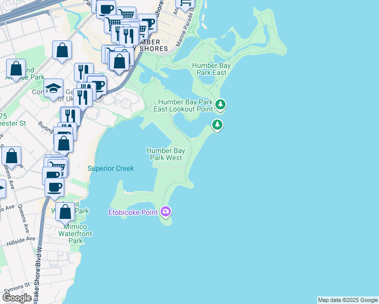 map of restaurants, bars, coffee shops, grocery stores, and more near 2225 Lake Shore Boulevard West in Toronto