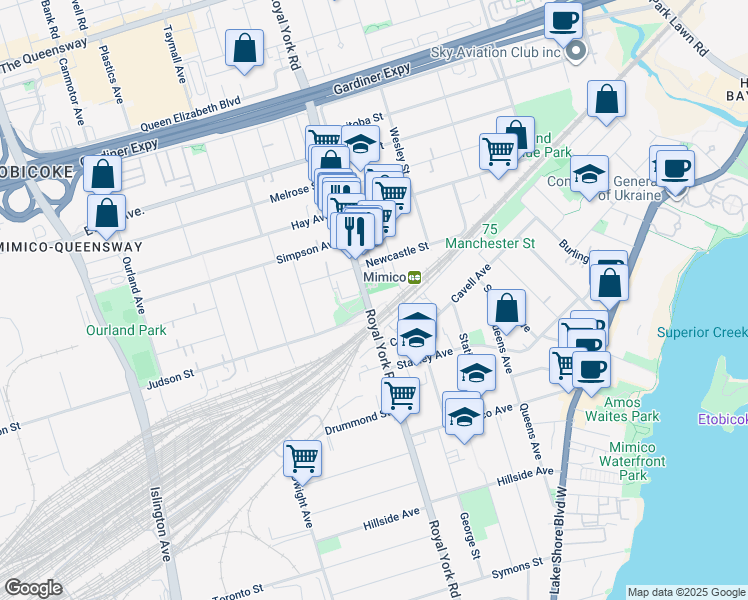 map of restaurants, bars, coffee shops, grocery stores, and more near 327 Royal York Road in Toronto