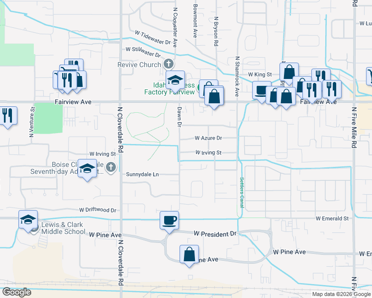 map of restaurants, bars, coffee shops, grocery stores, and more near 1318 Dawn Drive in Boise
