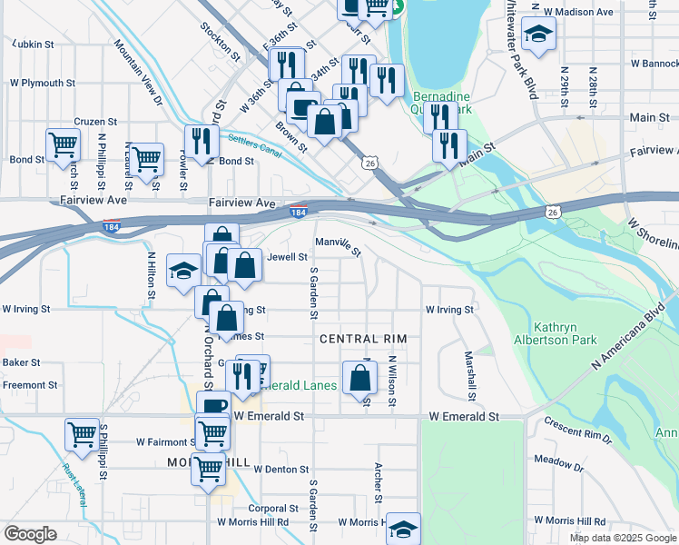 map of restaurants, bars, coffee shops, grocery stores, and more near 4554 West Kendall Street in Boise