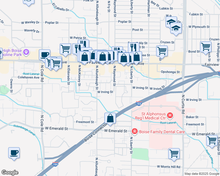 map of restaurants, bars, coffee shops, grocery stores, and more near 6703 West Colehaven Drive in Boise