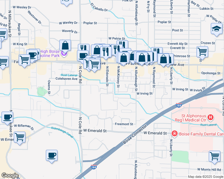 map of restaurants, bars, coffee shops, grocery stores, and more near 1370 North Eldorado Street in Boise