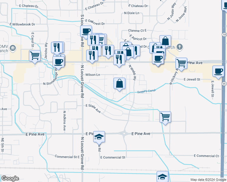 map of restaurants, bars, coffee shops, grocery stores, and more near 1931 East Wilson Lane in Meridian