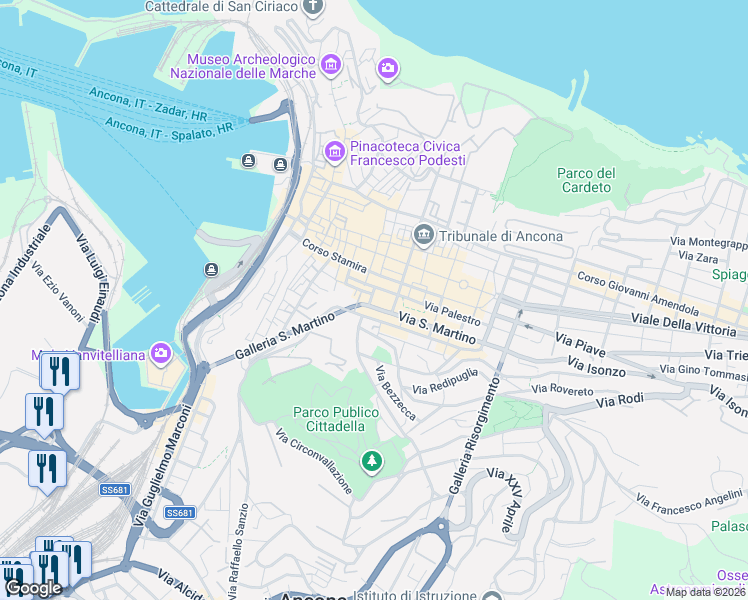 map of restaurants, bars, coffee shops, grocery stores, and more near 4 Via San Martino in Ancona