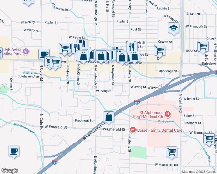 map of restaurants, bars, coffee shops, grocery stores, and more near 6703 West Colehaven Drive in Boise