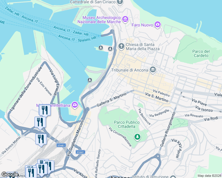 map of restaurants, bars, coffee shops, grocery stores, and more near Vicolo Malacari in Ancona