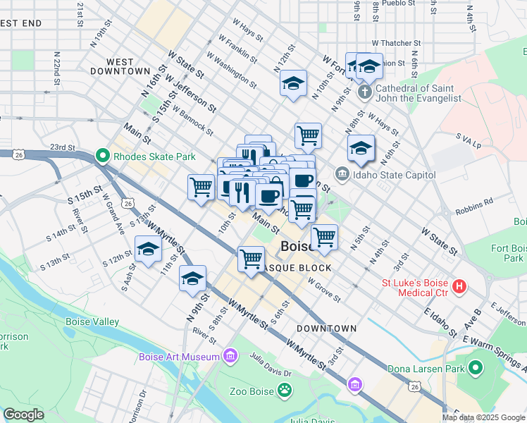 map of restaurants, bars, coffee shops, grocery stores, and more near 109 North 9th Street in Boise