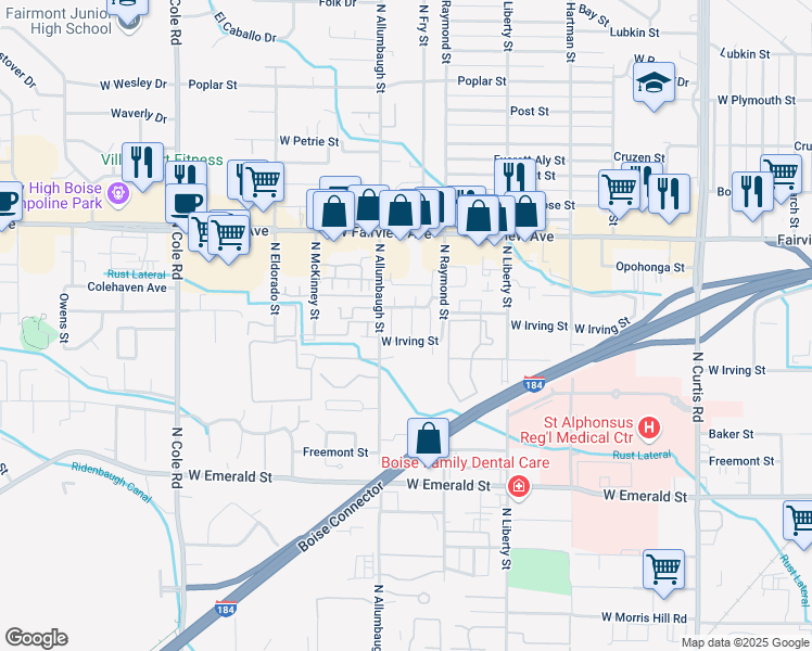 map of restaurants, bars, coffee shops, grocery stores, and more near 6716 West Irving Street in Boise
