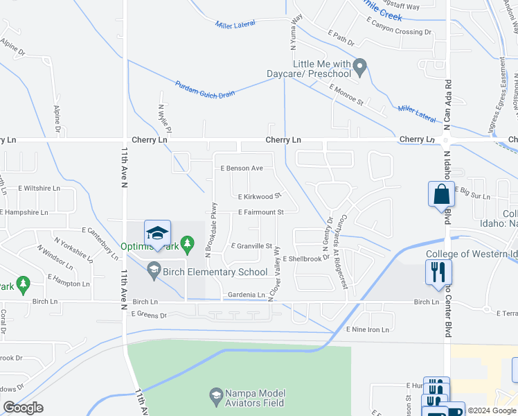 map of restaurants, bars, coffee shops, grocery stores, and more near 6574 East Fairmount Street in Nampa