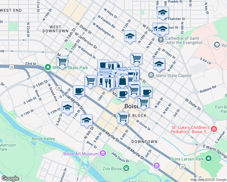 map of restaurants, bars, coffee shops, grocery stores, and more near 908 West Main Street in Boise