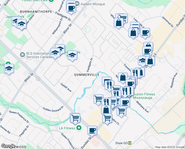 map of restaurants, bars, coffee shops, grocery stores, and more near 3174 Taviton Court in Mississauga