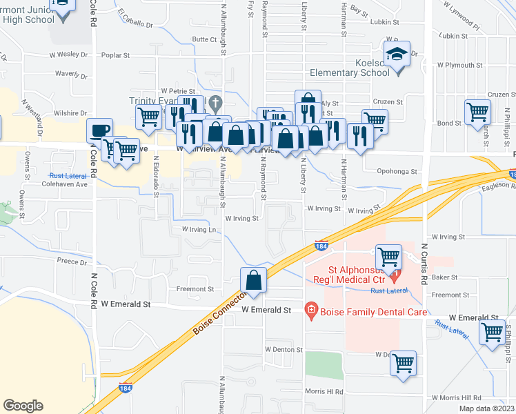 map of restaurants, bars, coffee shops, grocery stores, and more near 1319n West Irving Street in Boise