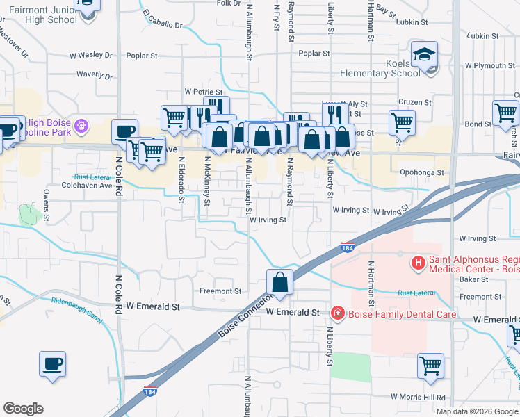 map of restaurants, bars, coffee shops, grocery stores, and more near 6703 West Colehaven Drive in Boise