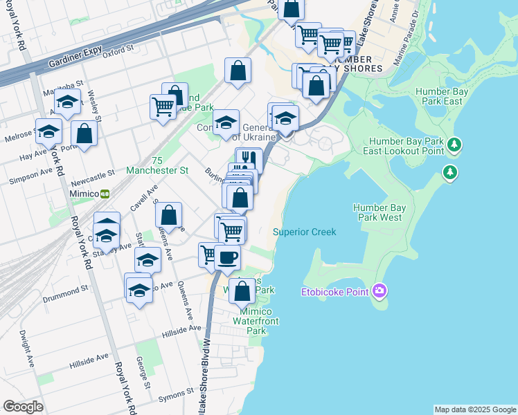 map of restaurants, bars, coffee shops, grocery stores, and more near in Toronto