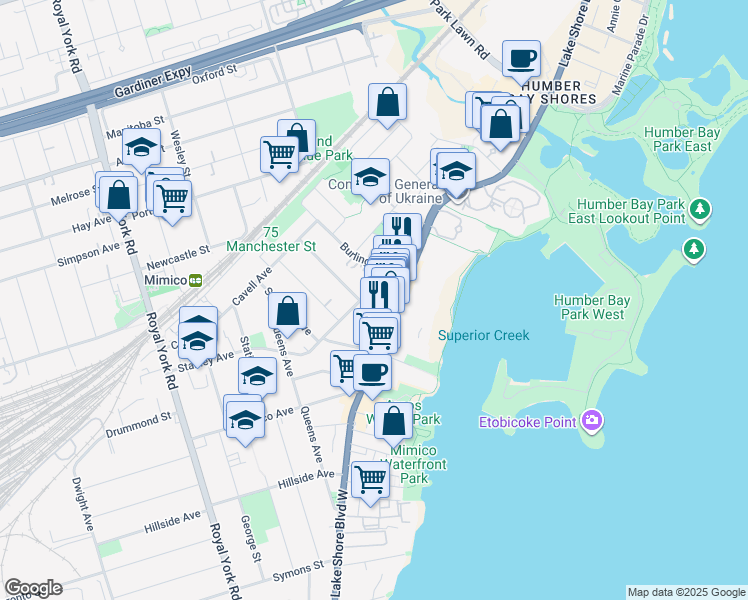 map of restaurants, bars, coffee shops, grocery stores, and more near in Toronto