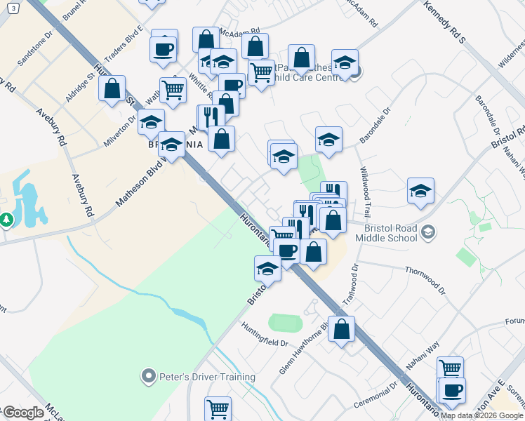map of restaurants, bars, coffee shops, grocery stores, and more near in Mississauga