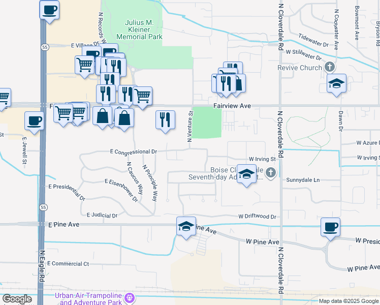 map of restaurants, bars, coffee shops, grocery stores, and more near 4249 East Florence Drive in Meridian