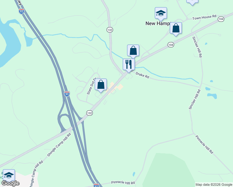 map of restaurants, bars, coffee shops, grocery stores, and more near Highway 104 in New Hampton