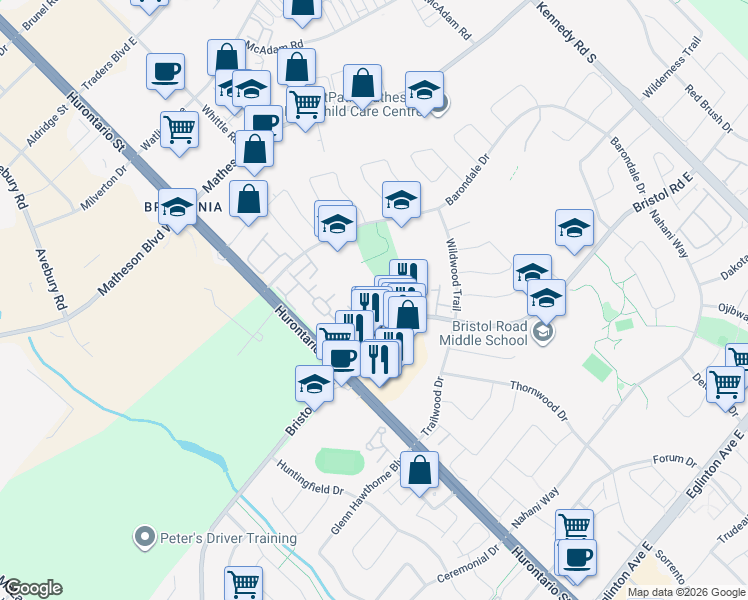 map of restaurants, bars, coffee shops, grocery stores, and more near 103 Bristol Road East in Mississauga