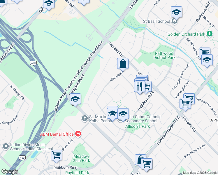 map of restaurants, bars, coffee shops, grocery stores, and more near 4282 Shelby Crescent in Mississauga