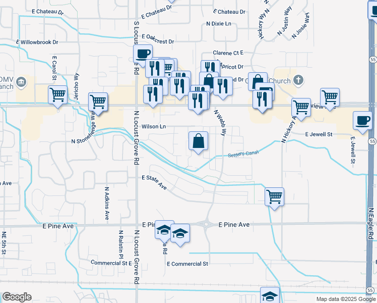 map of restaurants, bars, coffee shops, grocery stores, and more near 1937 Wilson Lane in Meridian