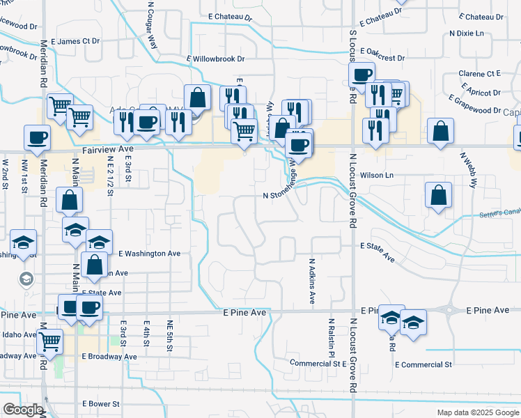 map of restaurants, bars, coffee shops, grocery stores, and more near 1456 North Sandlin Avenue in Meridian