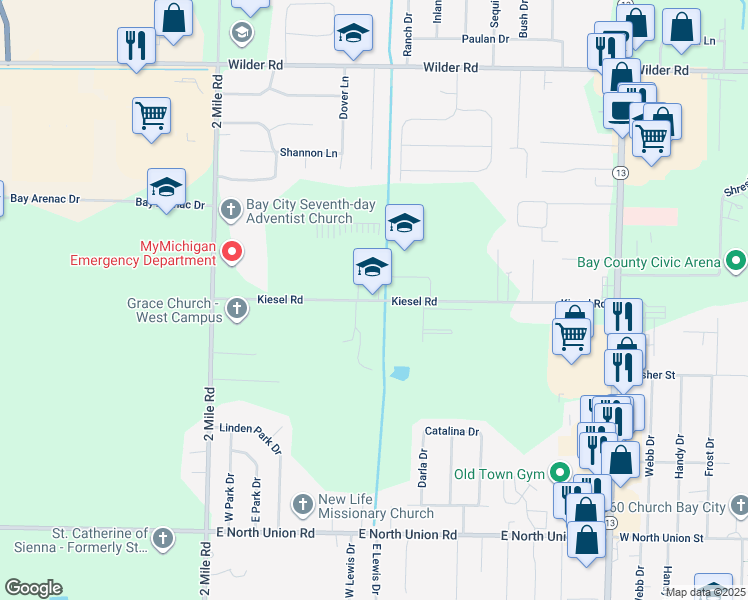 map of restaurants, bars, coffee shops, grocery stores, and more near 3201 Kiesel Road in Bay City