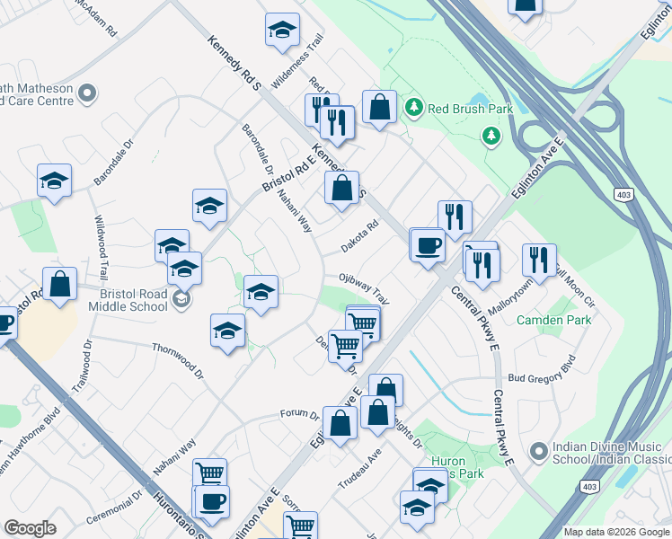 map of restaurants, bars, coffee shops, grocery stores, and more near 438 Ojibway Trail in Mississauga