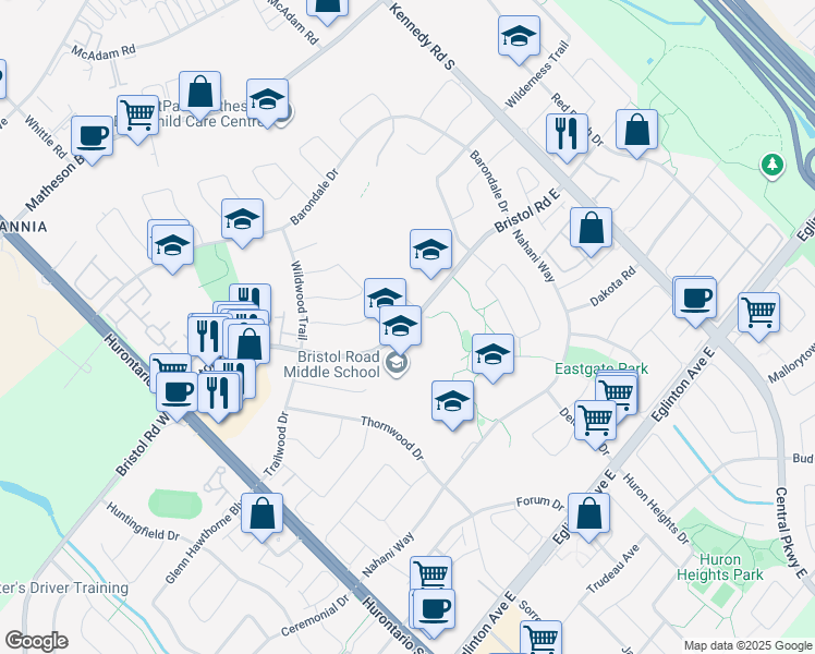 map of restaurants, bars, coffee shops, grocery stores, and more near Bristol Road East in Mississauga