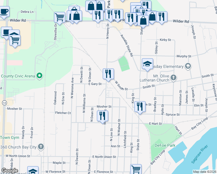map of restaurants, bars, coffee shops, grocery stores, and more near 1400 North Henry Street in Bay City