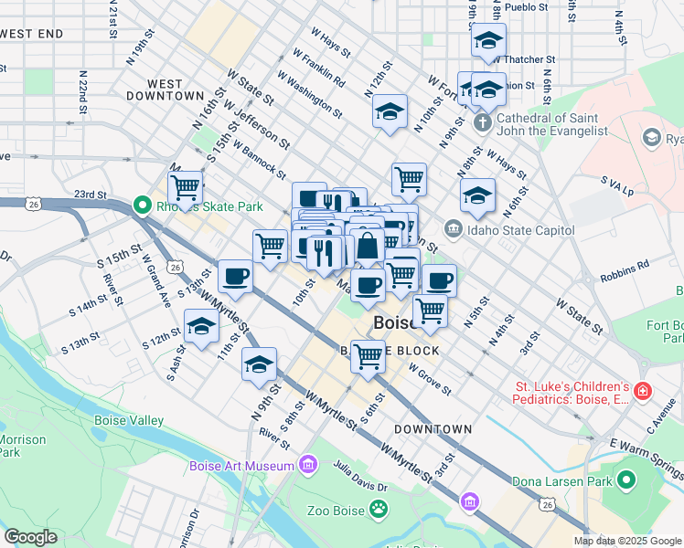 map of restaurants, bars, coffee shops, grocery stores, and more near 109 North 9th Street in Boise