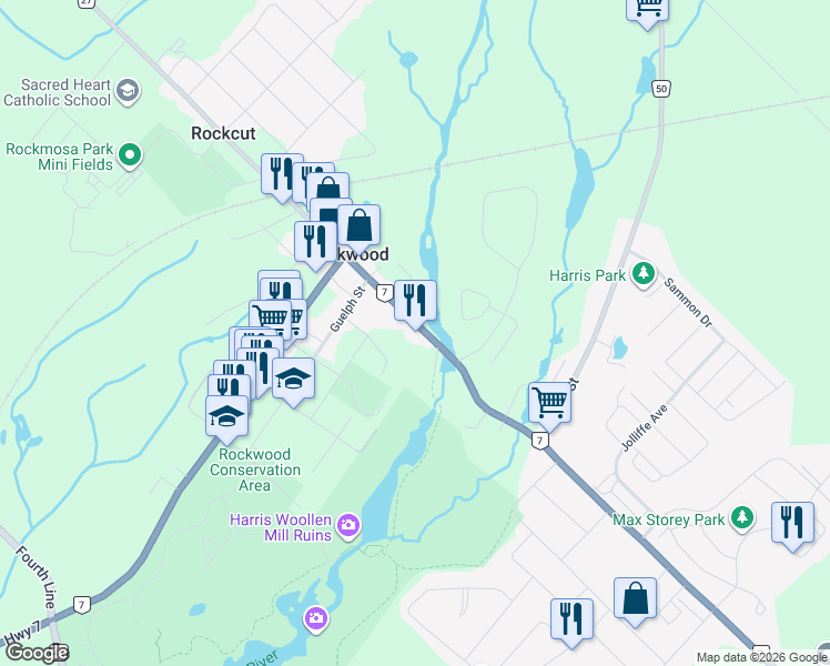 map of restaurants, bars, coffee shops, grocery stores, and more near 197 Main Street South in Wellington County