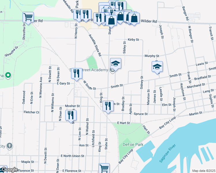 map of restaurants, bars, coffee shops, grocery stores, and more near 1110 State Street in Bay City