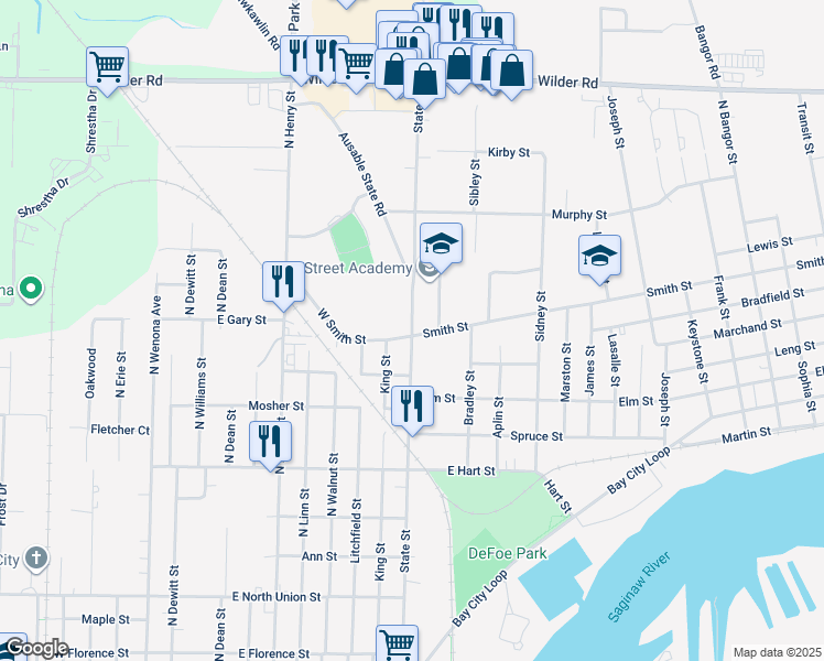 map of restaurants, bars, coffee shops, grocery stores, and more near 1110 State Street in Bay City